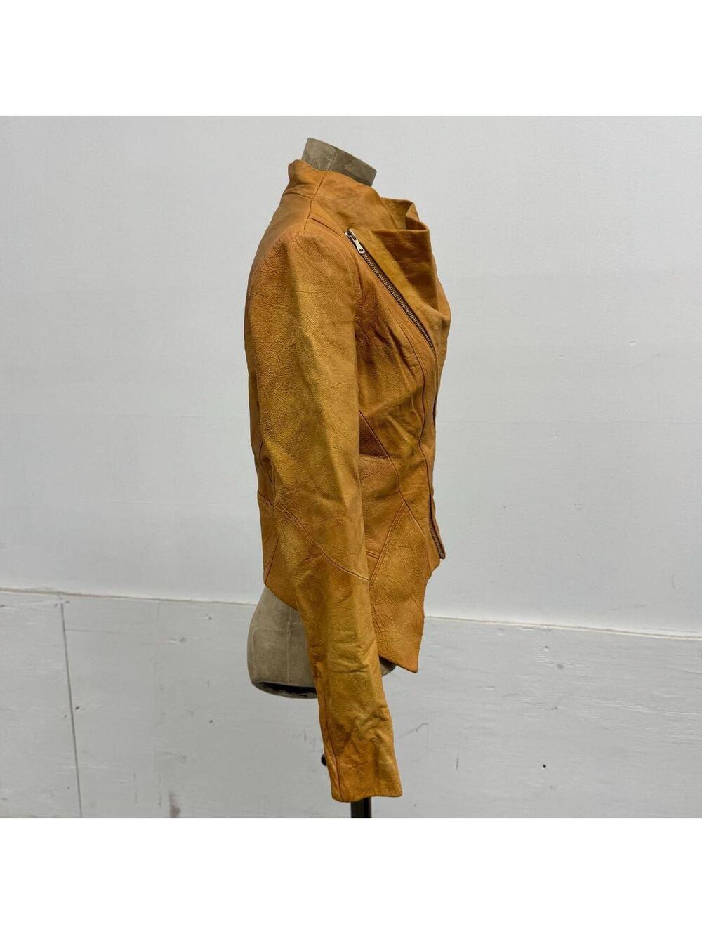 Vintage Tan Funnel Neck Asymmetric Avant Garde Leather Jacket - Picture 3 of 8